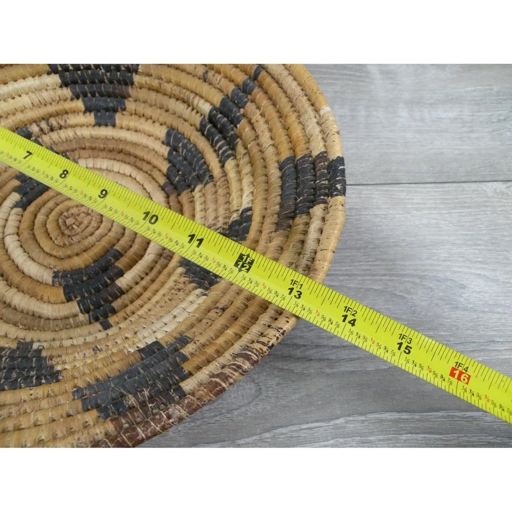Handwoven Coiled Natural Fiber Lidded Basket 14 in Southwestern Geometric Decor